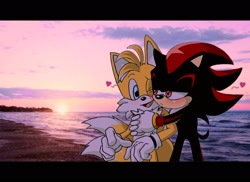 Size: 2048x1487 | Tagged: safe, artist:carolus04010856, miles "tails" prower, shadow the hedgehog, ..., 2021, :3, alternate version, beach, blushing, clouds, cute, duo, gay, head rest, heart, holding something, outdoors, panels, photographic background, shadow x tails, shadowbetes, shipping, signature, tailabetes