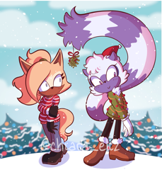 Size: 1873x2048 | Tagged: safe, artist:chiaraeliz, tangle the lemur, whisper the wolf, 2023, abstract background, alternate outfit, blushing, christmas, christmas sweater, christmas tree, duo, frown, lesbian, mistletoe, shipping, signature, smile, snow, snowing, standing, surprised, tangle x whisper, tree