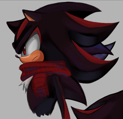 Size: 880x857 | Tagged: safe, artist:laaayayala, shadow the hedgehog, 2023, bust, frown, grey background, looking offscreen, scarf, simple background, solo, standing