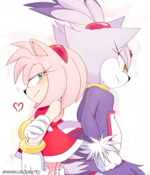 Size: 1896x2200 | Tagged: safe, artist:mimikuronekito, amy rose, blaze the cat, cat, hedgehog, 2023, amy x blaze, amy's halterneck dress, back to back, blaze's tailcoat, cute, female, females only, heart, lesbian, shipping