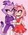 Size: 1080x1350 | Tagged: safe, artist:_.miniixd, amy rose, blaze the cat, cat, hedgehog, 2023, amy x blaze, amy's halterneck dress, blaze's tailcoat, blushing, clothes, cute, dress, female, females only, hearts, holding hands, lesbian, looking at them, shipping