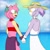 Size: 1080x1071 | Tagged: safe, artist:sara.sika, amy rose, blaze the cat, cat, hedgehog, 2023, amy x blaze, beach, bikini, blushing, clouds, cute, daytime, female, females only, hat, holding hands, lesbian, looking at each other, mouth open, open smile, sarong, shipping, smile, smiling at each other, sun, water
