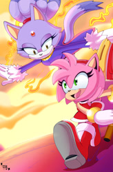 Size: 629x960 | Tagged: safe, artist:buddyhyped, amy rose, blaze the cat, cat, hedgehog, 2023, amy x blaze, amy's halterneck dress, blaze's tailcoat, cute, female, females only, flame, lesbian, looking at each other, mouth open, piko piko hammer, shipping