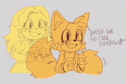 Size: 1777x1188 | Tagged: safe, artist:chibi-0004, maria robotnik, miles "tails" prower, dialogue, duo, english text, grey background, hallucination, looking ahead, simple background, smile