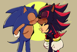 Size: 2048x1382 | Tagged: safe, artist:project-sonadow, shadow the hedgehog, sonic the hedgehog, abstract background, blushing, clenched fists, duo, eyes closed, gay, hands behind back, kiss, shadow x sonic, shipping, smile, top surgery scars, trans male, transgender