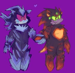 Size: 2048x1980 | Tagged: safe, artist:sonicattos, iblis, mephiles the dark, blushing, duo, gay, glowing eyes, green sclera, heart, holding hands, looking ahead, mephiblis, purple background, red sclera, shipping, simple background, smile, standing