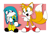 Size: 2048x1413 | Tagged: safe, artist:gh0stfl0wer, kit the fennec, miles "tails" prower, abstract background, border, cute, duo, frown, looking at each other, looking at them, looking back, looking back at them, mouth open, one fang, open smile, pointing, shadow (lighting), smile, standing
