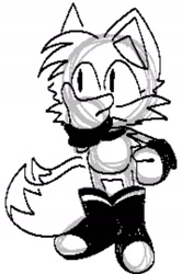 Size: 945x1422 | Tagged: safe, artist:theeighteleven, miles "tails" prower, alternate universe, au:quaddrive, black and white, boots, covering face, female, gender swap, looking offscreen, simple background, solo, standing, white background