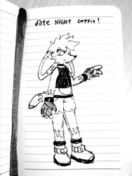 Size: 1080x1440 | Tagged: safe, artist:meltingshards, kit the fennec, black and white, crop top, english text, fingerless gloves, line art, lined paper, looking offscreen, shorts, smile, solo, standing, traditional media, trans male, transgender