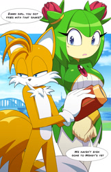 Size: 1169x1800 | Tagged: safe, artist:kojiro-brushard, cosmo the seedrian, miles "tails" prower, arm cannon, big breasts, busty cosmo, duo