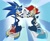 Size: 1833x1485 | Tagged: safe, artist:artsriszi, sally acorn, sonic the hedgehog, abstract background, duo, extreme gear, hands together, riders style, sonic riders