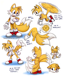 Size: 900x1067 | Tagged: safe, artist:rinacat, miles "tails" prower, 2017, cartoon logic, english text, flying, how does tails fly?, modern tails, simple background, solo, spinning tails, standing, theorising, white background