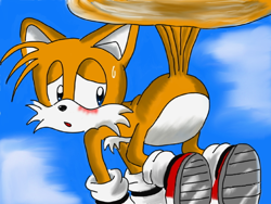 Size: 636x478 | Tagged: dead source, safe, artist:hydrocityzone, miles "tails" prower, 2015, abstract background, blushing, butt, clouds, embarrassed, featureless butt, flying, lidded eyes, looking at something, male, mouth open, solo, spinning tails, sweatdrop