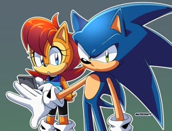 Size: 1340x1024 | Tagged: safe, artist:artsriszi, sally acorn, sonic the hedgehog, duo, gradient background, outline, protecting, sally x sonic, sally's ringblader outfit, shipping, straight