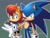 Size: 1340x1024 | Tagged: safe, artist:artsriszi, sally acorn, sonic the hedgehog, duo, gradient background, outline, protecting, sally x sonic, sally's ringblader outfit, shipping, straight