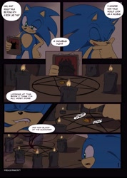 Size: 4271x5991 | Tagged: semi-grimdark, artist:pepamintopatty, sonic the hedgehog, hedgehog, comic:summoning incubus, abstract background, biting, bleeding, blood, candle, comic, dialogue, english text, gloves off, indoors, male, mouth open, pentagram, ritual, satanic ritual, sfx, solo, speech bubble, standing, tome