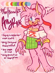 Size: 1217x1593 | Tagged: safe, artist:aconfusedaj, amy rose, 2021, abstract background, blushing, character name, chest fluff, claws, ear fluff, ear piercing, english text, eye clipping through hair, eyebrows clipping through hair, female, gloves off, leg fluff, looking at viewer, pawpads, redesign, reference sheet, ribbon, signature, solo, standing, tongue out, wink