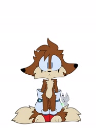 Size: 1536x2048 | Tagged: safe, artist:blue fluff, miles "tails" prower, 2019, :<, colored ears, floppy ears, fur markings, looking at viewer, redesign, simple background, solo, standing, white background