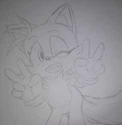 Size: 2943x3000 | Tagged: safe, artist:taeko, miles "tails" prower, 2023, clenched teeth, cute, double v sign, eyelashes, looking at viewer, male, one fang, pencilwork, posing, shadow the hedgehog (video game), sketch, solo, standing, tailabetes, traditional media, transgender, wink