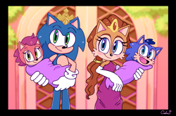 Size: 2200x1449 | Tagged: safe, artist:reinadecorazonez, manik acorn, manik the hedgehog, sally acorn, sonia acorn, sonic the hedgehog, group, sally x sonic, shipping