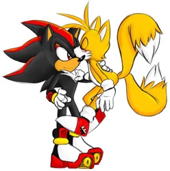 Size: 658x662 | Tagged: source needed, safe, artist:fakerface, miles "tails" prower, shadow the hedgehog, blushing, duo, eyes closed, flying, gay, hand on another's back, kiss on head, shadow x tails, shipping, simple background, smile, spinning tails, standing, white background