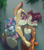 Size: 977x1100 | Tagged: safe, artist:spaceteej, bunnie rabbot, sally acorn, 2019, abstract background, blushing, bouquet, bunnally, duo, eyes closed, female, females only, flowers, hand behind back, holding hands, holding something, kiss, kiss on cheek, leaning in, lesbian, looking at them, one eye closed, shipping, whiskers