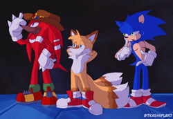 Size: 2048x1406 | Tagged: dead source, safe, artist:trashiiplant, knuckles the echidna, miles "tails" prower, sonic the hedgehog, sonic the ova, abstract background, looking offscreen, male, males only, modern style, redesign, redraw, standing, sweatdrop, team sonic, top surgery scars, trans male, transgender, trio, trio male