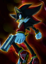 Size: 900x1257 | Tagged: safe, artist:shadowreaper12, shadow the hedgehog, 2012, abstract background, chest fluff, clenched teeth, gun, holding something, looking ahead, male, neck fluff, redraw, shadow the hedgehog (video game), solo, standing