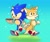 Size: 1603x1335 | Tagged: safe, artist:kuteun0, miles "tails" prower, sonic the hedgehog, abstract background, chili dog, duo, gay, grass, holding food, holding hands, holding something, lollipop, shipping, sonic x tails, sparkles