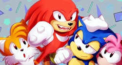 Size: 1648x881 | Tagged: safe, artist:artkotaro08017, amy rose, knuckles the echidna, miles "tails" prower, sonic the hedgehog, sonic origins, 2022, abstract background, classic amy, classic knuckles, classic sonic, classic style, classic tails, clenched fist, fangs, female, group, hand on another's head, lidded eyes, looking at them, looking at viewer, male, mouth open, redraw, smile, standing