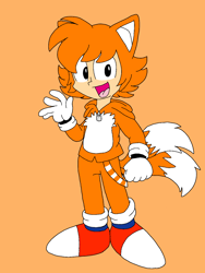 Size: 1080x1440 | Tagged: safe, artist:gold-contribution-66, miles "tails" prower, human, child, classic tails, clenched fist, flat colors, fox ears, fox tail, humanized, looking at viewer, mouth open, ms paint, orange background, partially humanized, simple background, smile, solo, standing, waving, zip