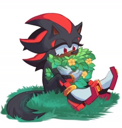 Size: 2105x2200 | Tagged: safe, artist:sthsora, shadow the hedgehog, hedgehog, 2022, bush, eyelashes, flower, grass, holding something, lidded eyes, looking at something, male, simple background, sitting, solo, solo male, trans male, transgender, white background