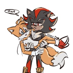 Size: 1500x1500 | Tagged: safe, artist:zevensfw, miles "tails" prower, shadow the hedgehog, carrying them, dialogue, duo, english text, gay, lidded eyes, looking at them, shadow x tails, shipping, signature, simple background, speech bubble, standing, sweatdrop, white background