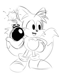Size: 542x656 | Tagged: safe, artist:kappiikus, miles "tails" prower, 2019, bomb, classic tails, hand on hip, holding something, looking ahead, monochrome, mouth open, simple background, sketch, smile, solo, standing, tails adventure, this won't end well, white background