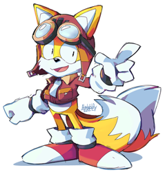 Size: 500x524 | Tagged: safe, artist:alexwolfy, miles "tails" prower, aviator jacket, goggles, mouth open, pilot hat, pointing, signature, simple background, smile, solo, standing, white background