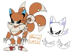 Size: 1200x904 | Tagged: source needed, safe, artist:marcuslarry627, black sclera, blue eyes, genderless, metal tails, no mouth, propeller, redesign, robot, signature, simple background, sketch, solo, standing, white background