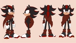 Size: 1920x1080 | Tagged: safe, artist:rotalice2, shadow the hedgehog, back view, cape, concept art, front view, frown, male, side view, simple background, solo, standing, tails adventure armada (fanproject), tan background