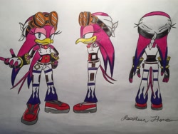 Size: 3018x2264 | Tagged: artist needed, safe, wave the swallow, bird, back view, clenched teeth, concept art, female, fingerless gloves, goggles on head, lidded eyes, looking at viewer, side view, smile, solo, tails adventure armada (fanproject)