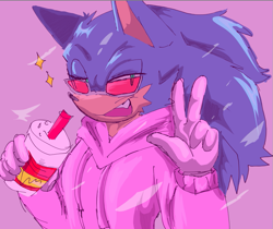 Size: 871x730 | Tagged: safe, artist:infect1onundermyb3d, sonic the hedgehog, drink, fluffy, holding something, hoodie, lidded eyes, looking offscreen, male, mouth open, one fang, pink hoodie, purple background, simple background, smile, solo, solo male, standing, star (symbol), sunglasses, v sign