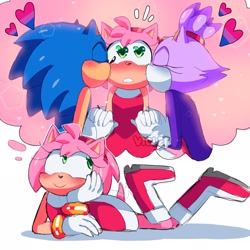 Size: 2048x2047 | Tagged: safe, artist:violetmadness7, amy rose, blaze the cat, sonic the hedgehog, amy x blaze, amy x sonic, bisexual, blushing, clenched teeth, featured image, head rest, heart, heart eyes, holding hands, kiss on cheek, lesbian, looking offscreen, lying on front, shipping, simple background, smile, sonazamy, sparkles, straight, thinking, thought bubble, trio, white background