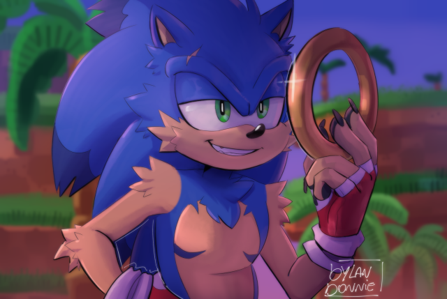 Size: 640x429 | Tagged: safe, artist:vilegato, sonic the hedgehog, sonic prime, abstract background, chest fluff, claws, clenched teeth, featured image, fingerless gloves, fluffy, hand on hip, holding something, lidded eyes, male, orange brown checkerboard, palm tree, redraw, ring, signature, smile, solo, solo male, standing, top surgery scars, trans male, transgender
