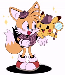 Size: 1775x2048 | Tagged: safe, artist:thegaminggoru, miles "tails" prower, crossover, cute, detective pikachu, duo, magnifying glass, pikachu, pokemon, simple background, sparkles, tailabetes, white background