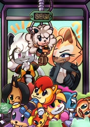 Size: 736x1041 | Tagged: safe, artist:just_marcyart, antoine d'coolette, bunnie rabbot, lanolin the sheep, maximillian acorn, nicole the hololynx, rotor walrus, sally acorn, tangle the lemur, uncle chuck, whisper the wolf, character doll, cover art, crane game, duo, nigel acorn, stuffed animal