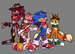 Size: 2536x1832 | Tagged: safe, artist:thundderart, amy rose, knuckles the echidna, miles "tails" prower, sonic the hedgehog, bandage, ear fluff, fingerless gloves, frown, grey background, group, hat, knuckles' hat, looking at viewer, piko piko hammer, redesign, scarf, simple background, smile, standing, wink