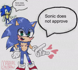 Size: 2048x1859 | Tagged: dead source, safe, artist:aura-can-draw, sonic the hedgehog, bisexual, blushing, cheek fluff, dialogue, english text, grey background, heart, male, meme, modern sonic, mouth open, redraw, reference inset, signature, simple background, solo, solo male, sonic does not approve, speech bubble, standing, top surgery scars, traditional media, trans male, transgender