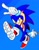 Size: 1614x2048 | Tagged: safe, artist:meelowsh1, sonic the hedgehog, abstract background, blue background, looking at viewer, male, mid-air, modern sonic, pointing, posing, signature, smile, smiling at viewer, solo, solo male, treads