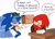 Size: 2048x1489 | Tagged: safe, artist:domestic maid, knuckles the echidna, sonic the hedgehog, echidna, hedgehog, sonic prime, amazon prime, box, cap, chair, computer, computer mouse, desk, dialogue, duo, duo male, english text, eyes closed, hat, holding something, male, males only, signature, simple background, sitting, smile, speech bubble, star (symbol), stopping, table, white background
