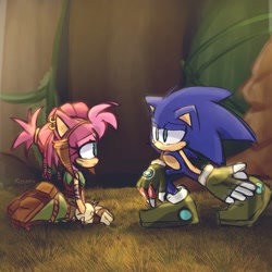 Size: 1280x1280 | Tagged: safe, artist:renstuff, amy rose, sonic the hedgehog, thorn rose, sonic prime, abstract background, duo, female, frown, grass, kneeling, looking at each other, male, mouth open, redraw, talking, tree