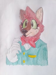 Size: 640x853 | Tagged: safe, artist:antique_amphibian107, barry the quokka, the murder of sonic the hedgehog, bust, claws, ear fluff, eyelashes, green sclera, grey background, looking offscreen, nonbinary, simple background, smile, solo, sweatdrop, traditional media