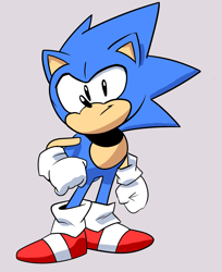 Size: 1563x1920 | Tagged: safe, artist:hiddenmatrixyt, sonic the hedgehog, sonic mania adventures, 2020, classic sonic, clenched fist, grey background, hand on hip, looking at viewer, male, simple background, smile, solo, solo male, standing, tyson hesse style